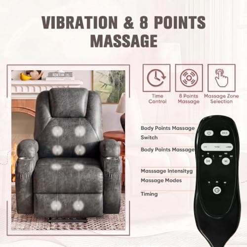 Flamaker Power Lift Recliner Chair PU Leather with Massage for Elderly Ergonomic Lounge Chair Classic Single Sofa with 2 Cup Holders Side Pockets Home Theater Seat (Leather, Light Black)