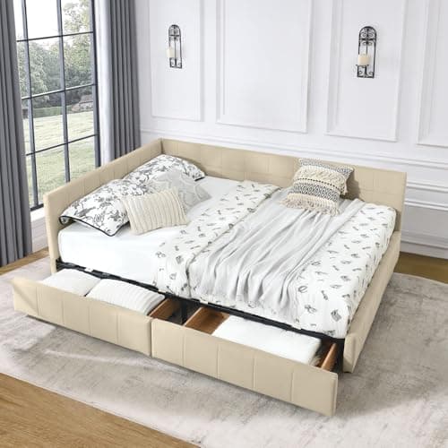 Tufted Velvet Queen Daybed with Storage, Wood L-Shaped Frame, Living Room Sofa Bed, Beige