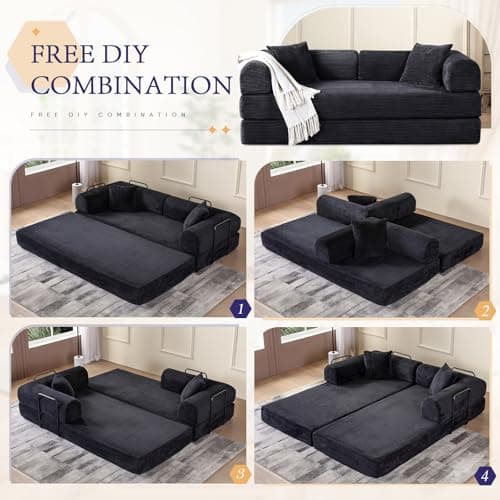 JEEOHEY Convertible Sofa Bed, Queen Size Memory Foam Couch for Living Room & Bedroom, Black