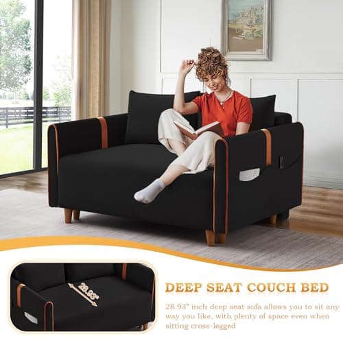 Convertible Sleeper Sofa Bed with Pull Out Bed, Comfy Velvet Loveseat Couch Bed with Storage, Pillows for Living Room, Apartment, Black