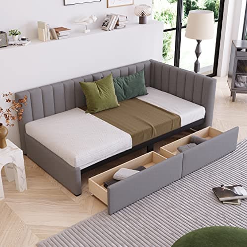 Merax Full Size Upholstered Daybed with Storage Drawers, Yellow Linen Fabric