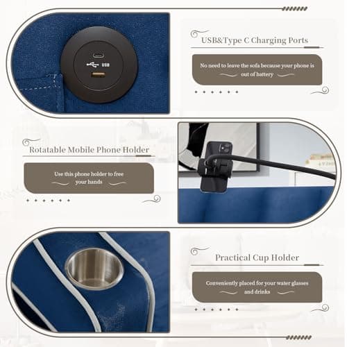 Convertible Sleeper Sofa Bed with USB Port - Blue color