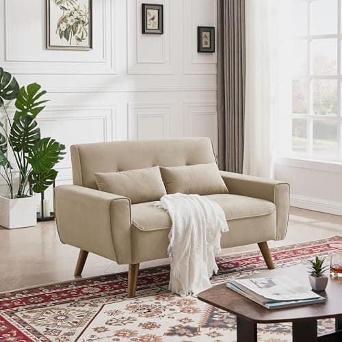 Mid Century Green 2 Seater Loveseat with Wooden Legs