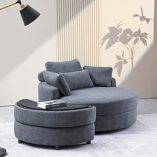 360° Swivel Barrel Chair with Half Moon Ottoman - 39W Sherpa Teddy Upholstered Accent Chair for Living Room, Bedroom, Office, and Reading Nook