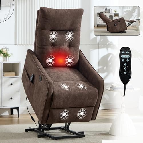 Power Lift Recliner Chair with Heat and Massage for Elderly, Electric Recliner Chairs with Standing Assistance, 2 Cup Holders, 4 Pockets, USB Charge Port, Breathable Leather Brown