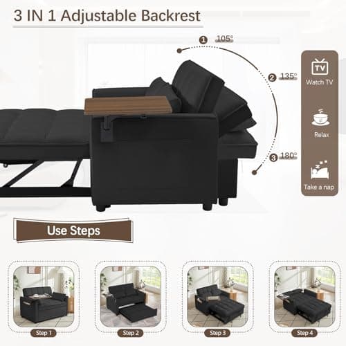 3 in 1 Sleeper Sofa Bed, Velvet Futon with Chaise Lounge & Reclining Backrest (Black)