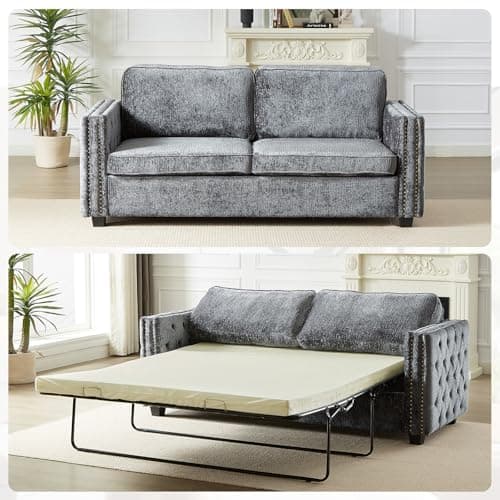 Chenille Convertible Sleeper Couch Bed, Full Size Memory Foam Mattress(Green)