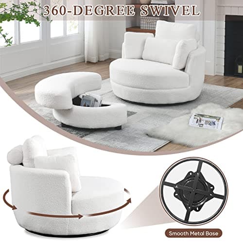 Modern Swivel Chair with Storage Ottoman in White Teddy Fabric