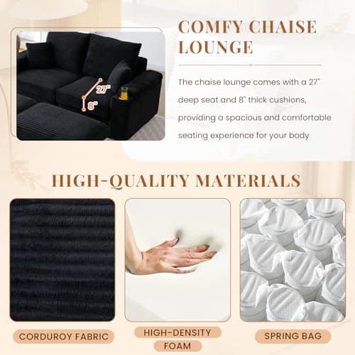 Oversized Black Chaise Lounge Chair with Storage Ottomans and Cup Holders - Modern L-Shaped Sofa for Living Room and Bedroom