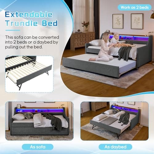 Daybed with Pop Up Trundle and Charging Station, King Size Upholstered Day Bed for Living Room or Bedroom (Grey)