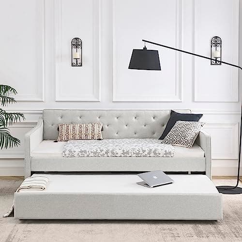 Modern Upholstered Daybed with Trundle for Twin Size, Beige Color