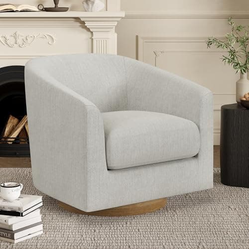 Ivory White Swivel Accent Chair with Solid Wood Base - For Bedroom, Reading, or Waiting Room