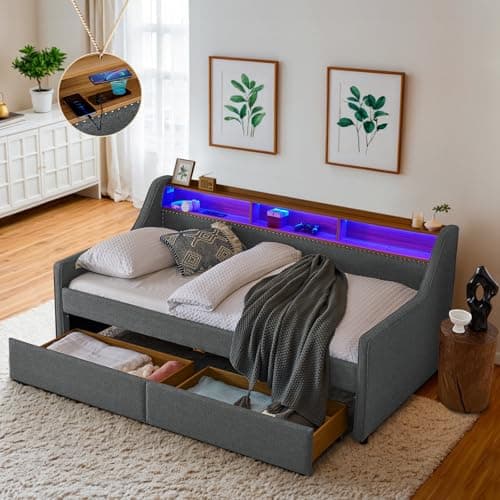 Antetek Beige Upholstered Daybed with Storage & USB Charging, Modern Living Room Sofa Bed