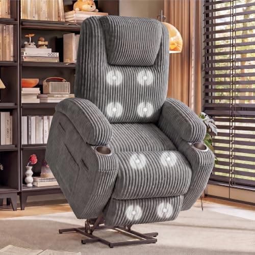 Flamaker Power Lift Recliner Chair PU Leather with Massage for Elderly Ergonomic Lounge Chair Classic Single Sofa with 2 Cup Holders Side Pockets Home Theater Seat (Leather, Light Black)