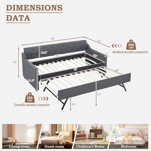 JEEOHEY Dark Grey Twin Day Bed with Pop Up Trundle & USB Port
