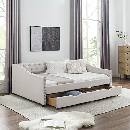 JEEOHEY Beige Button Tufted Full Size Upholstered Daybed with Drawers