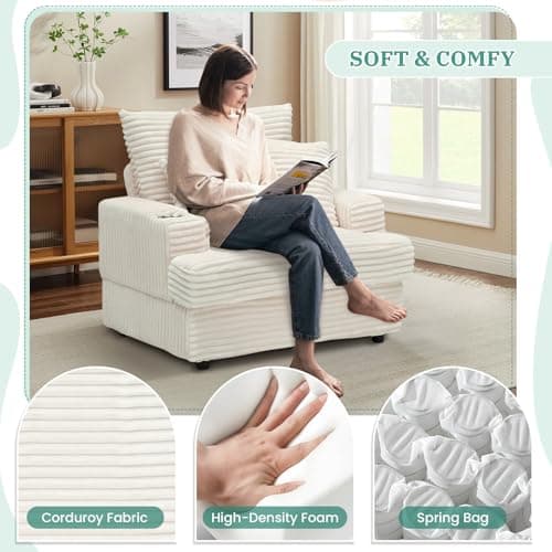 Cozy Chaise Lounge Chair with Ottoman for Indoor, Modern Deep Seat Sofa (White)