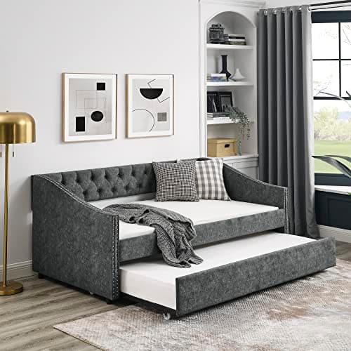Modern Upholstered Daybed with Trundle for Twin Size - Grey