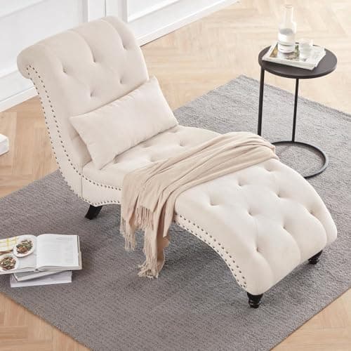 Tufted Beige Linen Rivets Chaise Lounge Chair for Living Room and Bedroom