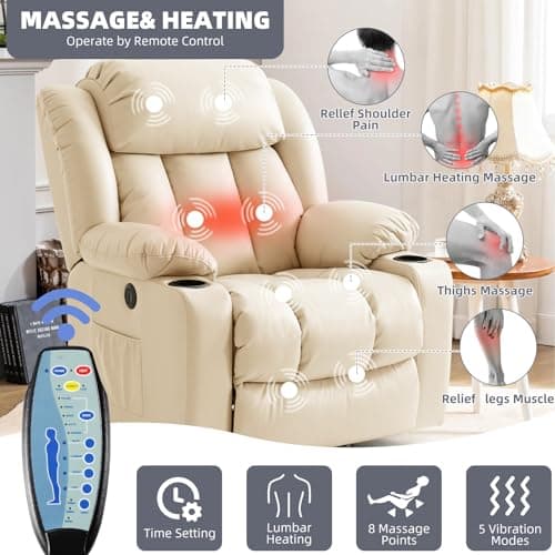 Electric Recliner Chair with Massage & Heat, Cup Holders, Remote Control, USB, Side Pockets, Leather (Beige)