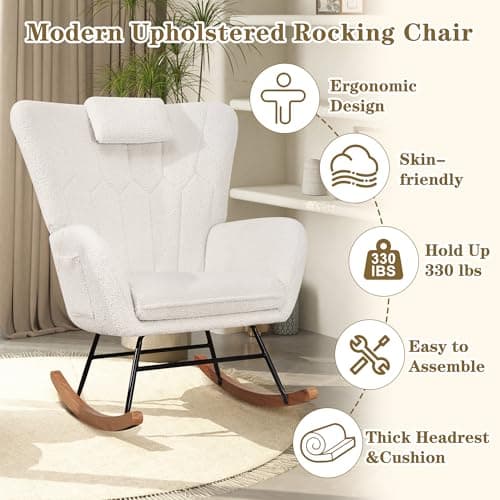 VECELO Thick Headrest Reading Glider Rocker with Side Pocket, White