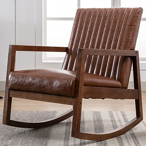 VESCASA Beige Linen Tufted Mid-Century Rocking Chair, Light Walnut Frame, Living Room Nursery Bed RocChair