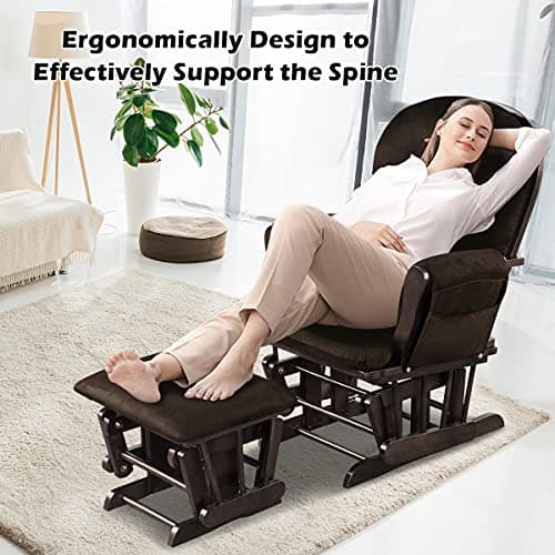 Costzon Brown Wood Glider Rocker with Storage & Padded Arms