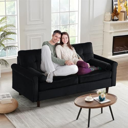 Mid-Century Modern Small Couch for Small Space, with Throw Pillows, in Black
