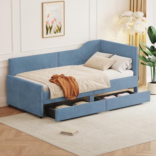 Merax Twin Size Corduroy Daybed with Storage Drawers & Wood Slat Support, Blue