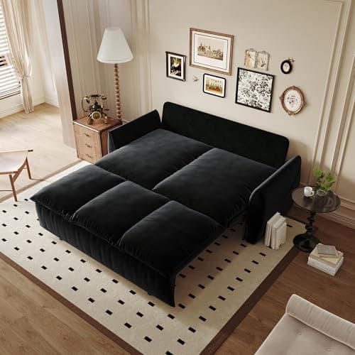 GNIXUU 66" Queen Pull-Out Sofa Bed, Beige Velvet Sleeper Couch with Side Storage