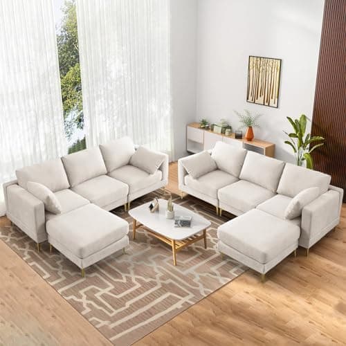 JEEOHEY Gold Metal Legs 3 Seat Oversized L-Shaped Sectional Sofa, Beige