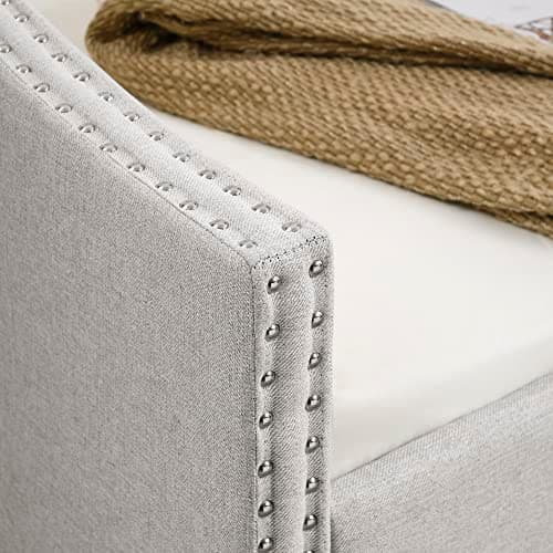 Antetek Beige Full Size Linen Daybed with Trundle, Button-Tufted Sofa Frame
