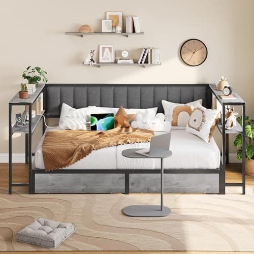 Twin Daybed with Shelves & Charging Station, Oak Gray, Living Room Bed