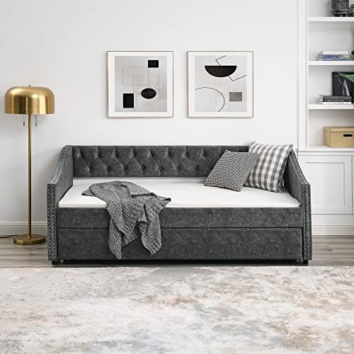 Modern Upholstered Daybed with Trundle for Twin Size - Grey