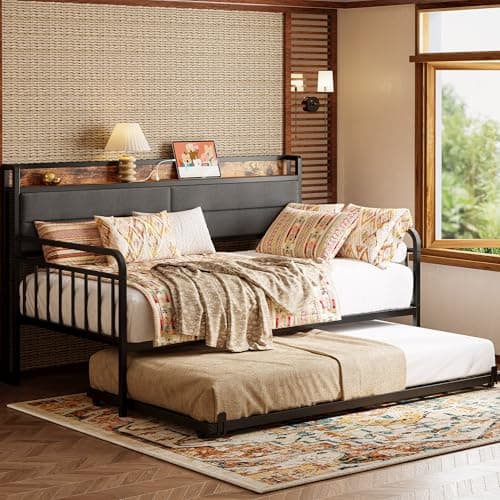 LIKIMIO Sturdy Metal Twin Daybed with Charging Station, Black
