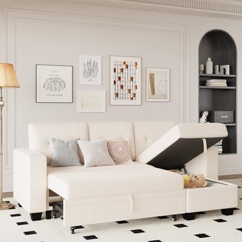 Furniwell L-Shaped Sleeper Sofa with Storage Lounge, Gray Linen (Living Room, Small Space)