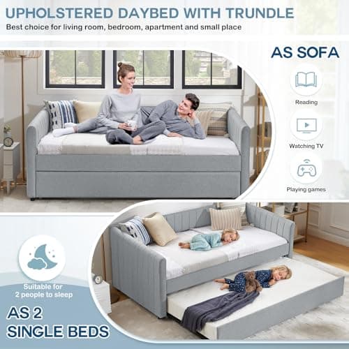 Linen Twin Size Daybed with Trundle - Grey Upholstered Wood Frame for Living Room/Bedroom/Guest Room