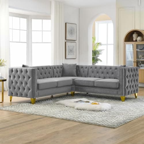 Oversized Velvet L Shaped Chesterfield Sofa with Deep Seat Corner, Button Nailhead Detail, Grey Color
