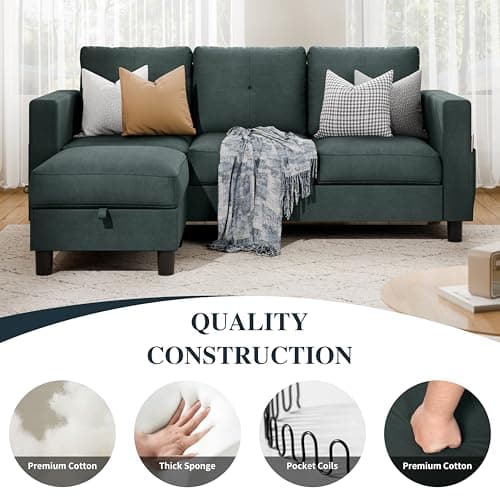 SUNLEI Movable Ottoman Storage L-Shaped Couch, Dark Grey Linen, Living Room Fit Small Spaces