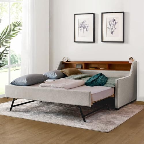 Daybed with Pop Up Trundle and Charging Station, King Size Upholstered Day Bed for Living Room or Bedroom (Grey)