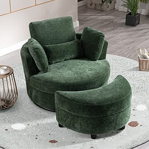 40" Modern Black Swivel Chair with 360° Metal Base & Plush Pillows, Thick Cushion, Living Room & Bedroom Accent (Black)