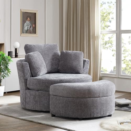 Modern Swivel Chair with Storage Ottoman, Oversized Round Barrel Chair for Nursery, Living Room, Bedroom