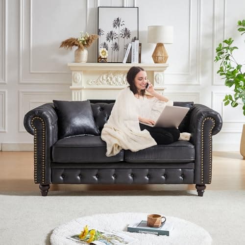Mid-Century Modern Black 2-Seater Chesterfield Sofa with Nailhead Trim