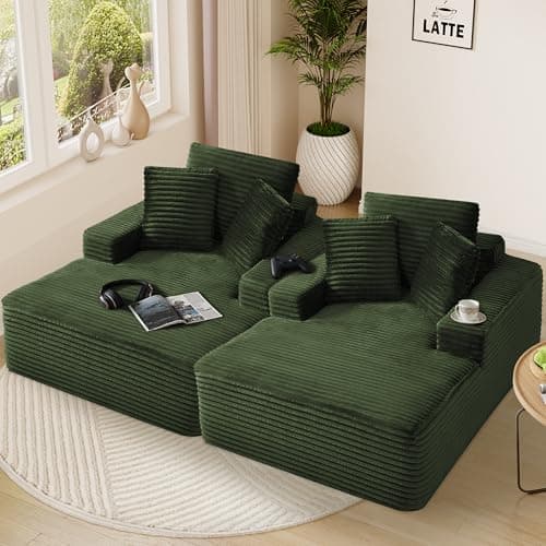 Oversized Green Faux Fur Chaise Lounge Chair with Thick Backrest & 3 Pillows