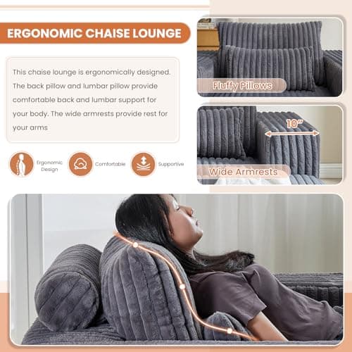 Oversized 48.5 Indoor Chaise Lounge Chair with Ottoman - Modern Plush Corduroy Sofa for Living Room (Grey)