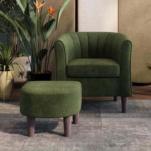 LINSY Velvet Accent Chair with Ottoman, Modern Barrel Reading Chair, Yellow