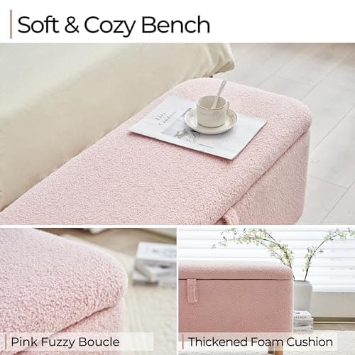 Pink Sherpa Upholstered Boucle Storage Ottoman for Bedroom Entryway