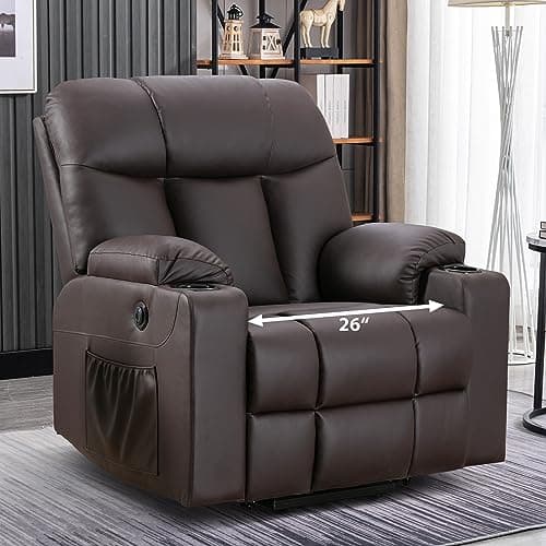 Bonzy Home 26" Extra Wide Power Recliner with Heat & Massage, Faux Leather Cup Holders