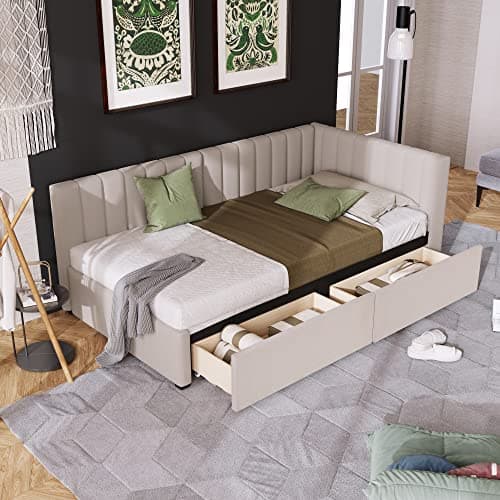 Merax Upholstered Twin Daybed with 2 Storage Drawers, Yellow