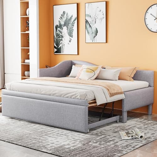 Beige Linen Extendable Day Bed with Pop Up Trundle,Twin to King